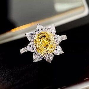 NEW 925 Sterling Silver Diamond Sunflower Ring Flower Citrine Ring